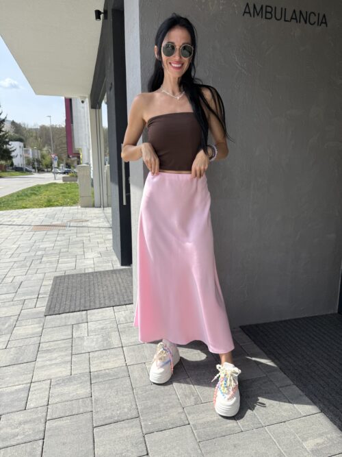 Saténová sukňa midi ružová