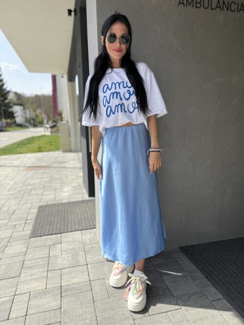 Satén sukňa midi modrá